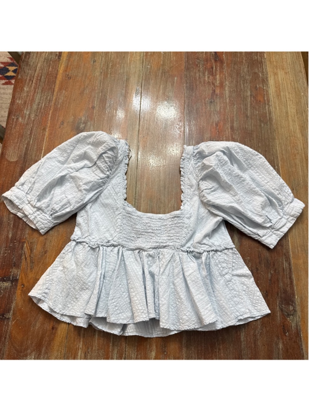 Free People Baby Blue Seersucker Puff Sleeve Babydoll Top Smocked Back S - Picture 11 of 11